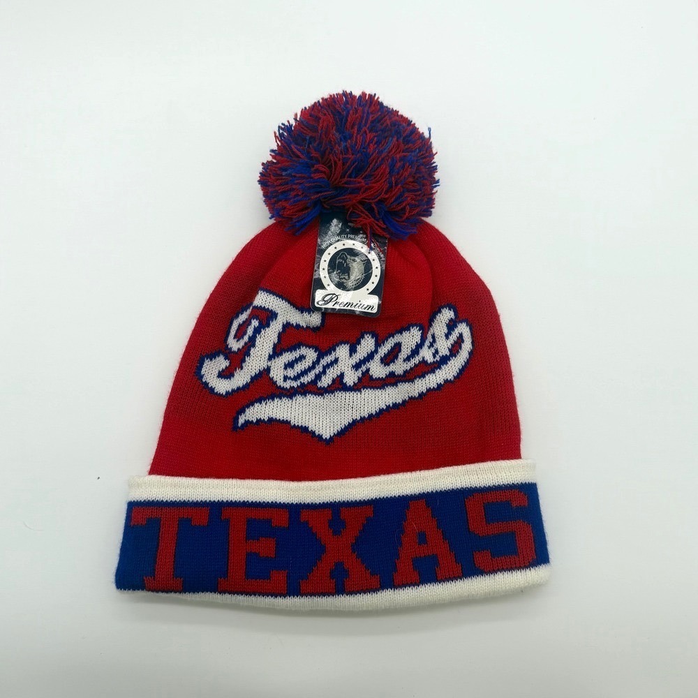 Texas Knit Pom Beanie Hat Red Blue Cuffed Winter Acrylic One Size Unisex Warm‎